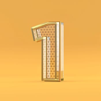 Gold wire and glass font Number 1 ONE 3D rendering illustration isolated on orange background
