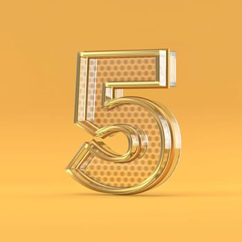 Gold wire and glass font Number 5 FIVE 3D rendering illustration isolated on orange background
