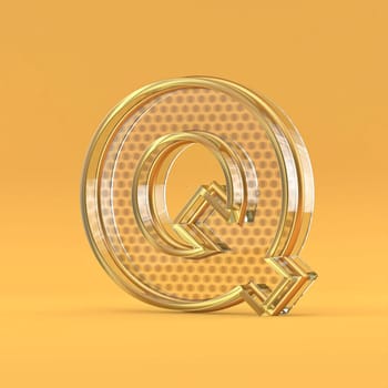Gold wire and glass font letter Q 3D rendering illustration isolated on orange background