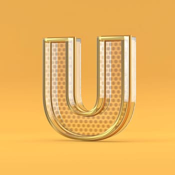 Gold wire and glass font letter U 3D rendering illustration isolated on orange background