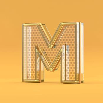 Gold wire and glass font letter M 3D rendering illustration isolated on orange background