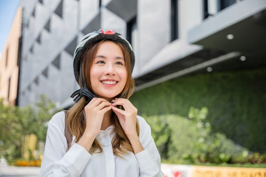 Asian young businesswoman putting biking helmet prepared cyclists around building go to work, Close up smiling woman wearing helmet exercise outdoors with bicycle on street, Transport Save Energy