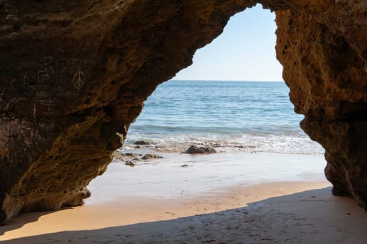 Maria Luisa beach with rock formation in Albufeira, Algarve, Portugal..