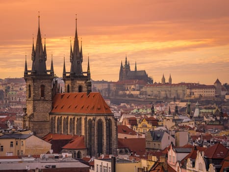 Aerial view of Stare Mesto at sunset in Prague, Czech Republic.