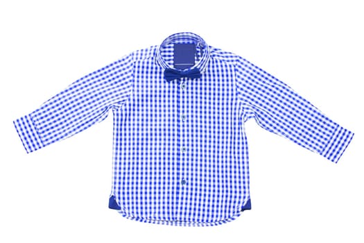Checked shirts. Close-up of a blue and white tartan or plaid shirt for mens isolated on a white background. Clipping path. Summer fashion of mans clothes.
