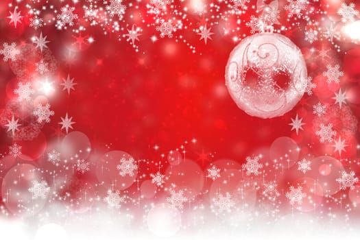 Christmas card template. Abstract festive natural light red white winter christmas background texture with white bokeh lighted snowflakes, stars and a frame. Beautiful card design. Space.