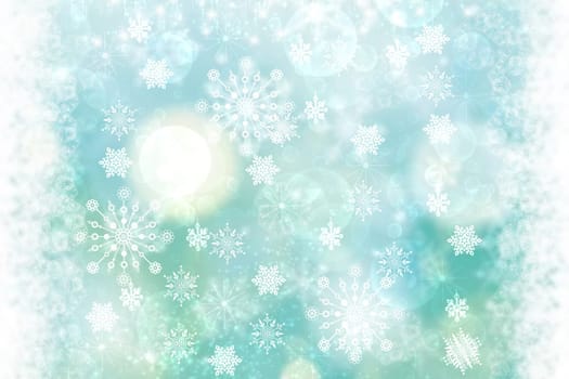 Abstract blurred festive delicate winter christmas or Happy New Year background texture with shiny light turquoise blue and bright bokeh lighted stars and snowflakes. Card concept.