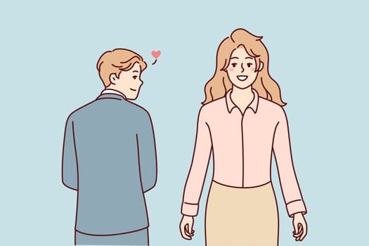 Man in business clothes looks back at beautiful woman having loving feelings for work colleague. Concept office romance between guy and girl who are employees of same company. Flat vector image