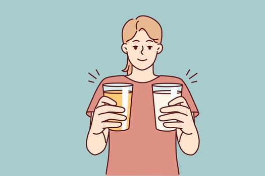 Woman with two glasses filled with cocktails wants to treat you and offers you drink. Girl stretches hands with mugs to screen, offering choice one of thirst-quenching lemonades. Flat vector design