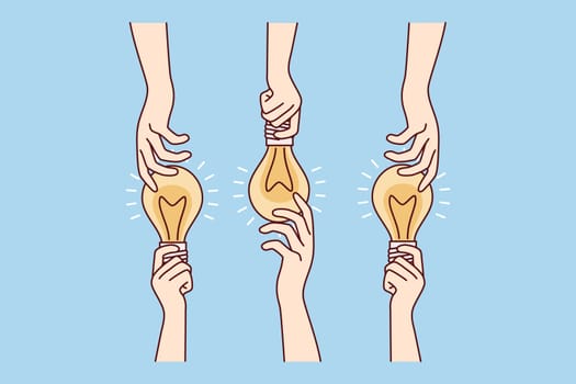 Hands with glowing light bulbs are metaphor for idea or thought-out solution to get rid of problem. People share and exchange development thought or brainstorm. Flat vector illustration