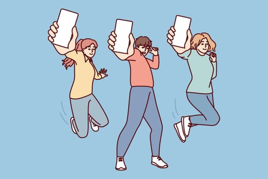 People show screen of mobile phone by stretching their hand to monitor advertising app. Vector image