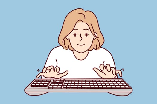Young woman with typing keyboard looks at screen while typing e-mail message. Girl blogger or internet programmer working in casual clothes fulfilling order from freelance exchange. Flat vector image