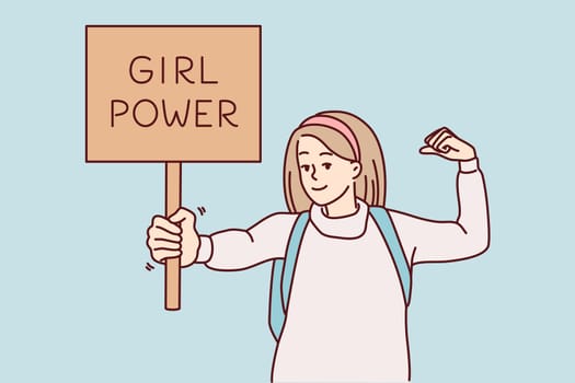 Beautiful woman demonstrates sign with text girl power fighting for equality and female rights. Lady activist with backpack promotes feminist values showing muscles on arm. Flat vector design