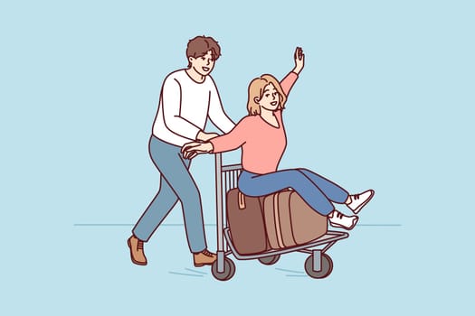 Happy man and woman heading for summer trip with big suitcases looking forward to good vacation. Guy rides joyful girl in casual clothes on bag cart from airport. Flat vector illustration