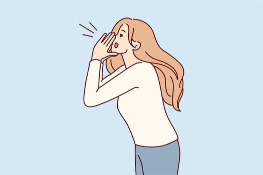 Blonde woman putting hands to mouth screaming inviting everyone to promotion or sale. Lady in casual clothes loudly calls you to pay attention using palms instead of megaphone. Flat vector design