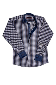 Checked shirts. Close-up of a blue gray and white tartan or plaid shirt for mens isolated on a white background. Clipping path. Summer fashion of mans clothes.