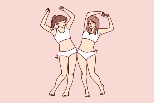 Two slender women in swimsuits bumping hips rejoice at result of losing weight after diet. Positive girls in underwear raise their hands up rejoice at upcoming trip to beach or pool. Flat vector image