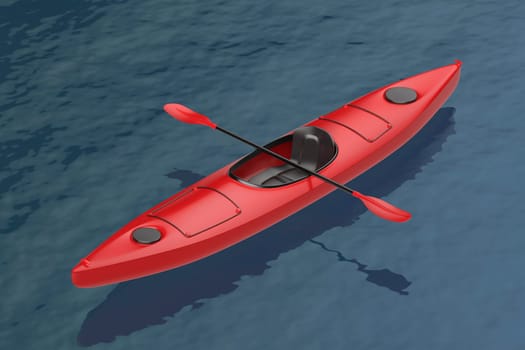 Red empty plastic kayak on wavy blue water