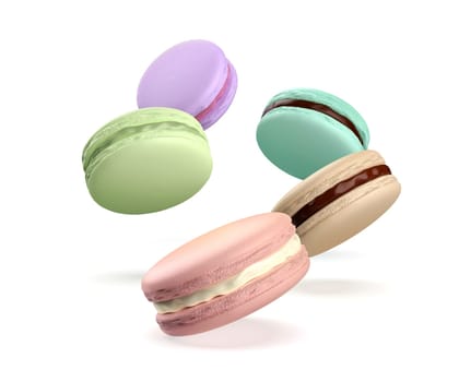 French macarons with different colors on white background