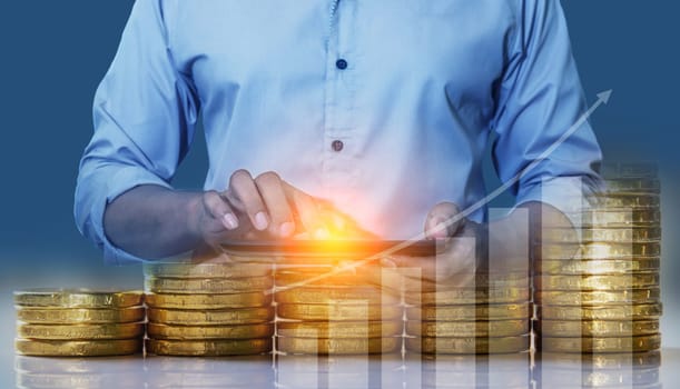 Duoble Exposure, Money and financial concept, Online Banking Savings Concept, Online Investment Savings, Online Stock Investors, Internet Financial Transactions