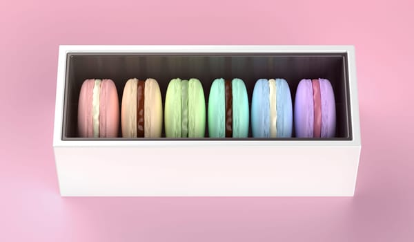 White box with six french macarons with different colors and flavors on pink background