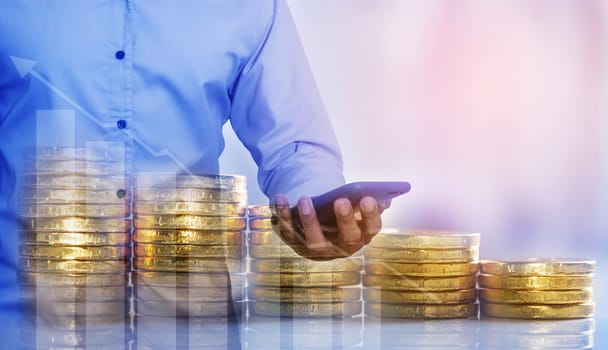 Duoble Exposure, Money and financial concept, Online Banking Savings Concept, Online Investment Savings, Online Stock Investors, Internet Financial Transactions