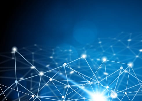 Technology background concept, Abstract connected dots on bright blue blurred background.