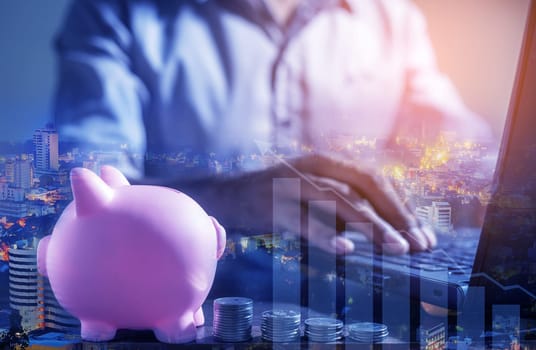 Duoble Exposure, Money and financial concept, Online Banking Savings Concept, Online Investment Savings, Online Stock Investors, Internet Financial Transactions