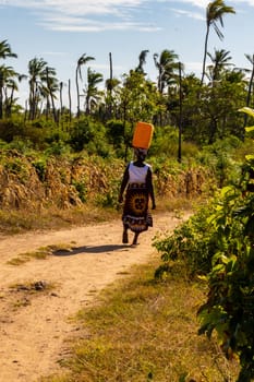 Woman carrying a water canister on her head in the Watamu savannah in southern Kenya