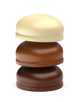 Three different chocolate coated marshmallows on white background