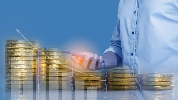 Duoble Exposure, Money and financial concept, Online Banking Savings Concept, Online Investment Savings, Online Stock Investors, Internet Financial Transactions