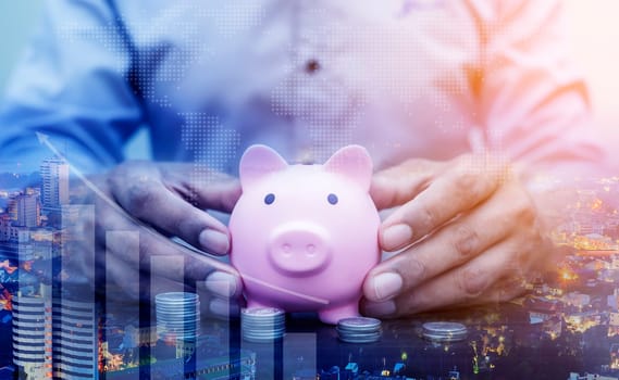 Duoble Exposure, Money and financial concept, Online Banking Savings Concept, Online Investment Savings, Online Stock Investors, Internet Financial Transactions