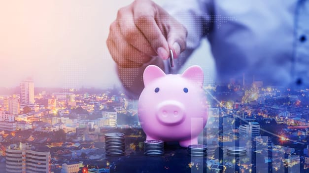 Duoble Exposure, Money and financial concept, Online Banking Savings Concept, Online Investment Savings, Online Stock Investors, Internet Financial Transactions