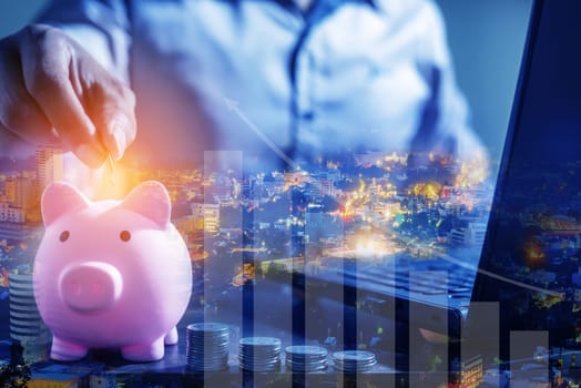 Duoble Exposure, Money and financial concept, Online Banking Savings Concept, Online Investment Savings, Online Stock Investors, Internet Financial Transactions