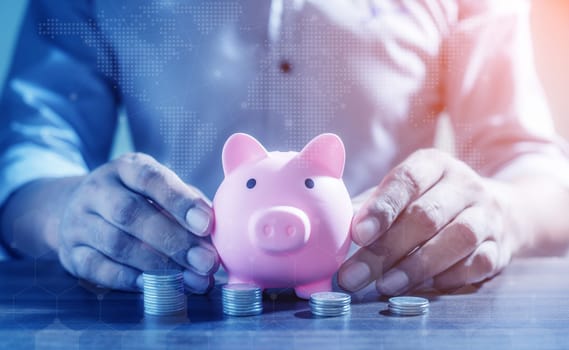 Duoble Exposure, Money and financial concept, Online Banking Savings Concept, Online Investment Savings, Online Stock Investors, Internet Financial Transactions