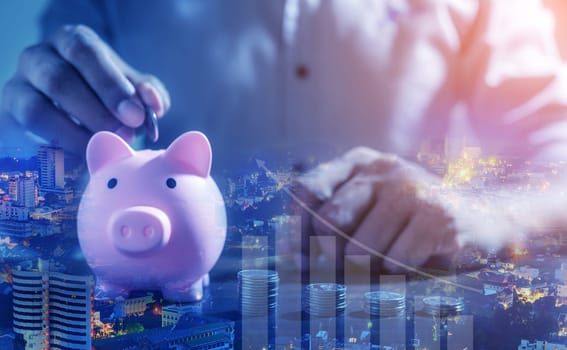 Duoble Exposure, Money and financial concept, Online Banking Savings Concept, Online Investment Savings, Online Stock Investors, Internet Financial Transactions