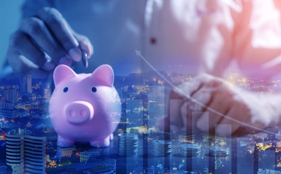 Duoble Exposure, Money and financial concept, Online Banking Savings Concept, Online Investment Savings, Online Stock Investors, Internet Financial Transactions