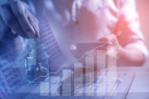 Duoble exposure, Money and financial concept, Online Banking Savings Concept, Online Investment Savings, Online Stock Investors, Internet Financial Transactions