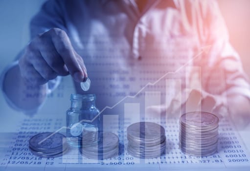 Duoble exposure, Money and financial concept, Online Banking Savings Concept, Online Investment Savings, Online Stock Investors, Internet Financial Transactions