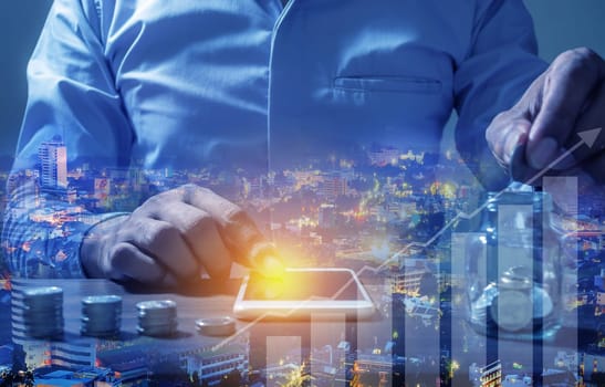Duoble Exposure, Money and financial concept, Online Banking Savings Concept, Online Investment Savings, Online Stock Investors, Internet Financial Transactions