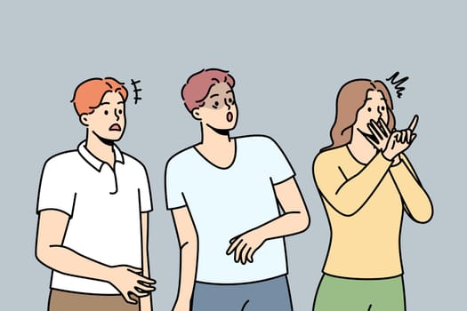 People watch unpleasant event in fear and excitement. Men, woman look at someone, disapproving, empathizing, trying to prevent what is happening. Vector line art multicolored illustration.