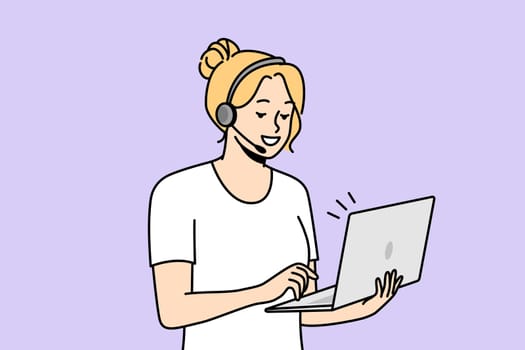 Young woman in headset holds laptop, communicates with colleagues or friends. Distant working at home. Remote business, telework, online education, telemeeting. Vector minimalistic modern design.