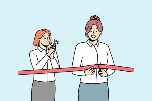 Happy businesswoman cuts red ribbon with scissors accompanied by applause. Opening ceremony of restaurant, shop, company. Tradition of starting important event. Vector outline colorful illustration.