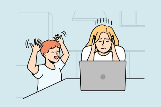 Son screams, hinders his mother doing business at home. Woman is sitting at laptop, trying to concentrate. Remote, distant work. Vector linear colored illustration isolated on blue background.