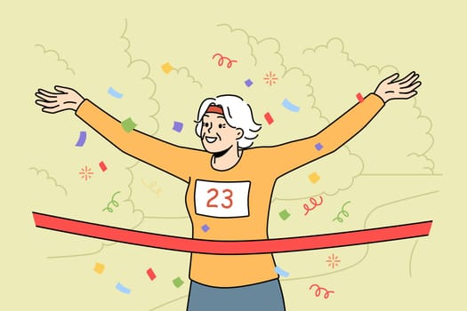 Smiling elderly woman cross finish line at running contest. Happy mature female athlete win race finishing first. Hobby and sport. Vector illustration.