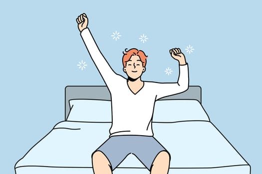 Happy young man stretch waking up in home bedroom. Smiling guy excited with good morning in bed do morning gymnastics. Vector illustration.
