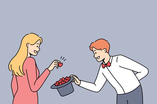 Woman take hearts from magician hat. Male wizard offer likes symbols to smiling female striving for popularity and acknowledgement. Vector illustration.