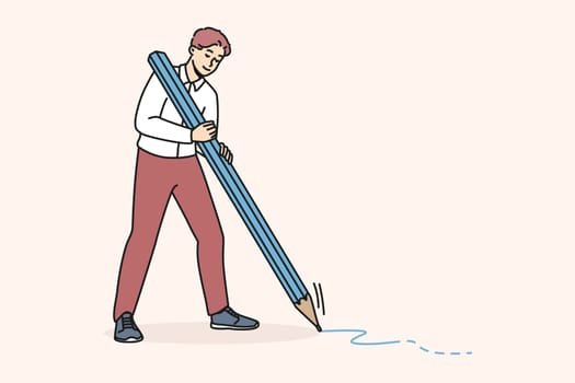 Happy young man with huge pencil drawing or taking notes. Smiling male writing or painting. Writer or journalist occupation. Vector illustration.