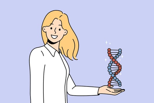 Smiling young woman hold DNA model in hands. Happy female scientist or searcher with DNA spiral. Science and genetics concept. Vector illustration.