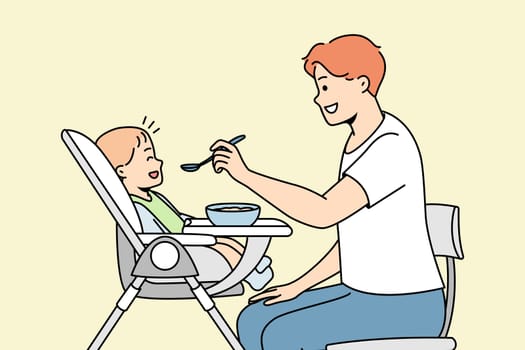 Young dad feeds baby sitting in highchair from spoon. Happy fatherhood. Man gives food to his little son. Love in family, care for toddler. Vector contour line colorful illustration.